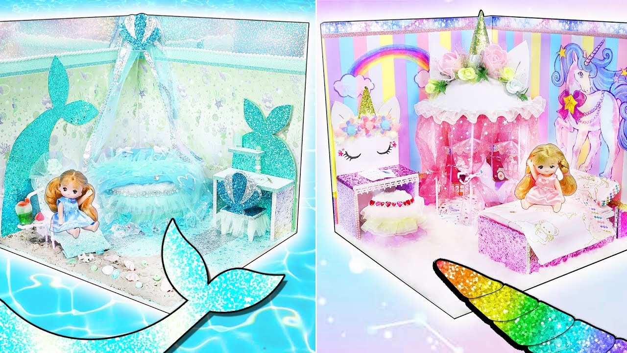 リカちゃん マーメイドとユニコーンのお部屋を手作りDIY❤️人魚と夢かわユニコーンのミニチュアドールハウスを工作🍭おもちゃ 人形 アニメ