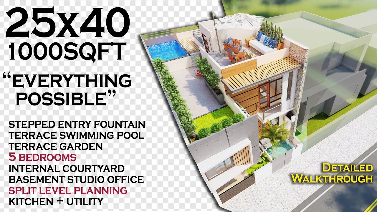 25X40 Feet | 1000 Sqft Split Level House Design with Waterfall Landscape Entrance | ID-141