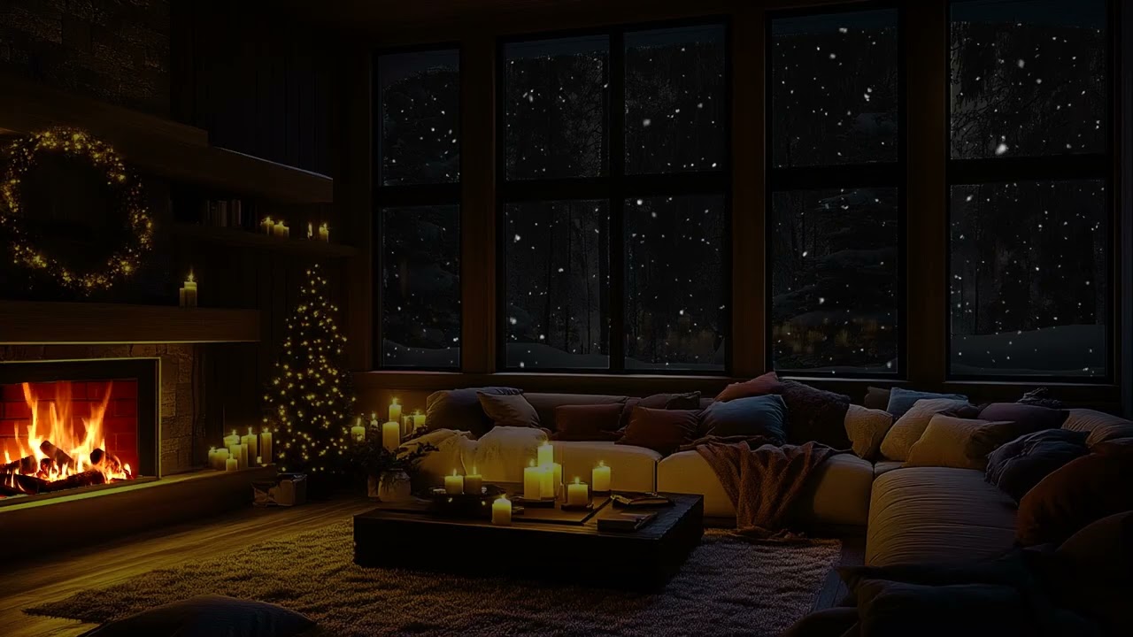 Cozy Winter Cabin Ambience with Gentle Fireplace Crackles and Falling Snow for Relaxation