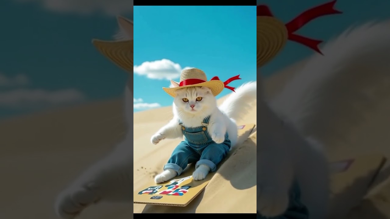 A white cat with feather-like fur in denim overalls slides beak-first down a sand dune.