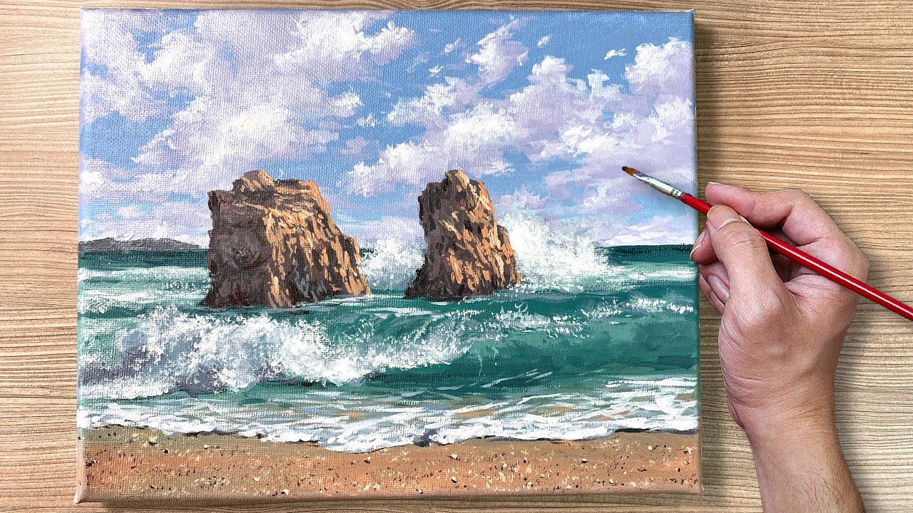 Acrylic Painting Waves on Big Rocks Seascape