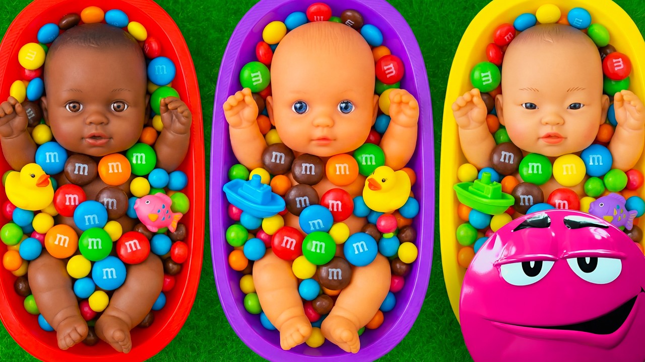 4 Minutes Satisfying with Full of 3 Rainbow BathTubs Candy with M&M's & Magic Slime Cutting Video13