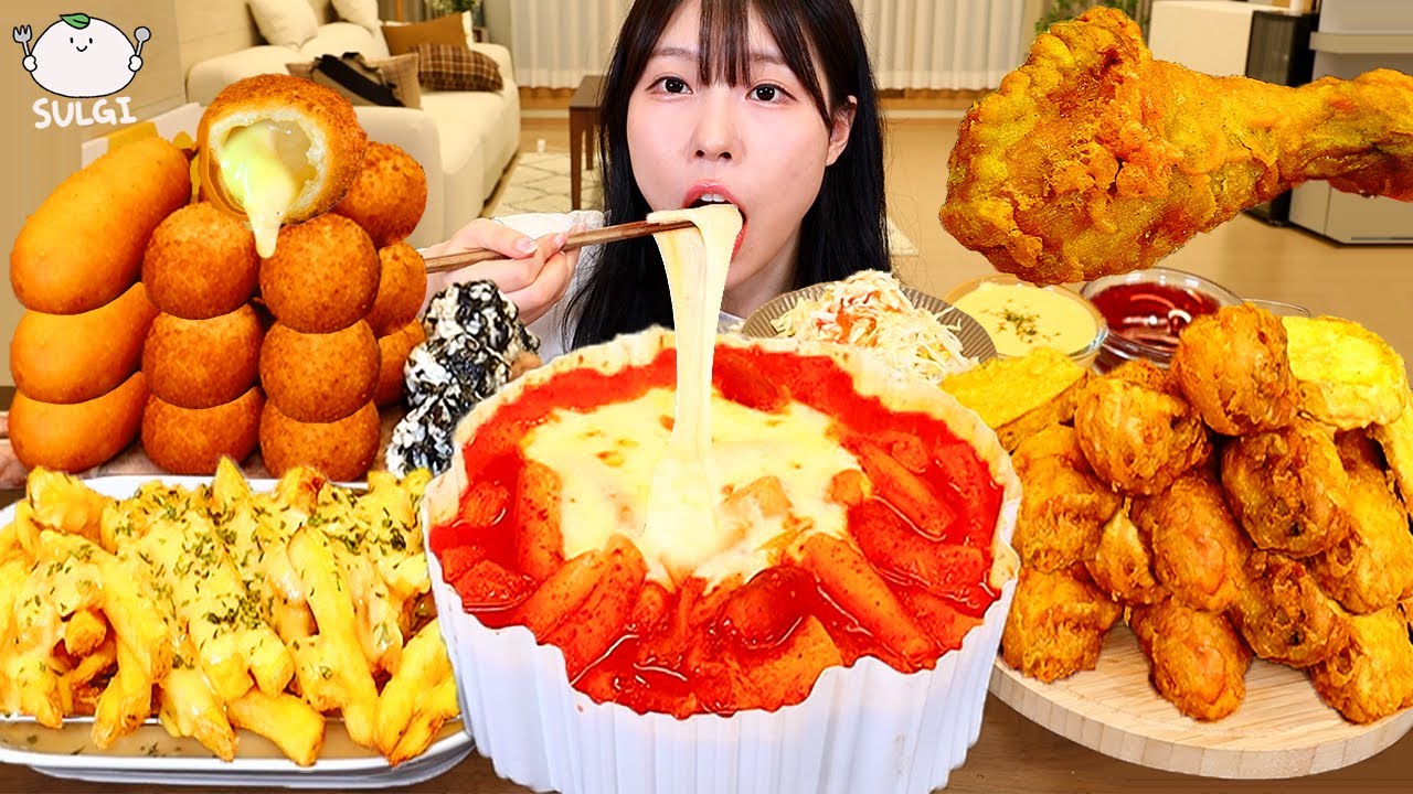 ASMR MUKBANG| Огненно-острые сырные токпокки, сырные шарики, сырный хот-дог, рисовые шарики.