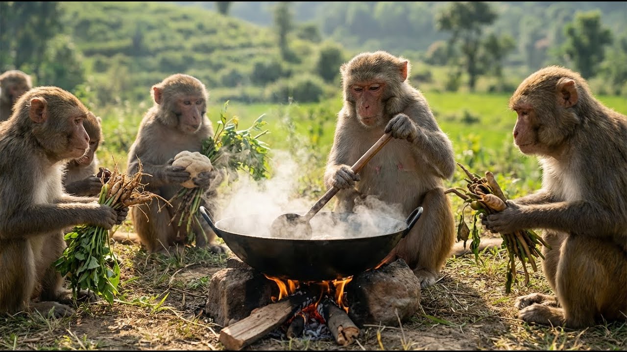 Monkeys Cook Like Humans | From Harvest to Grand Feast in the Field 🌿🍲