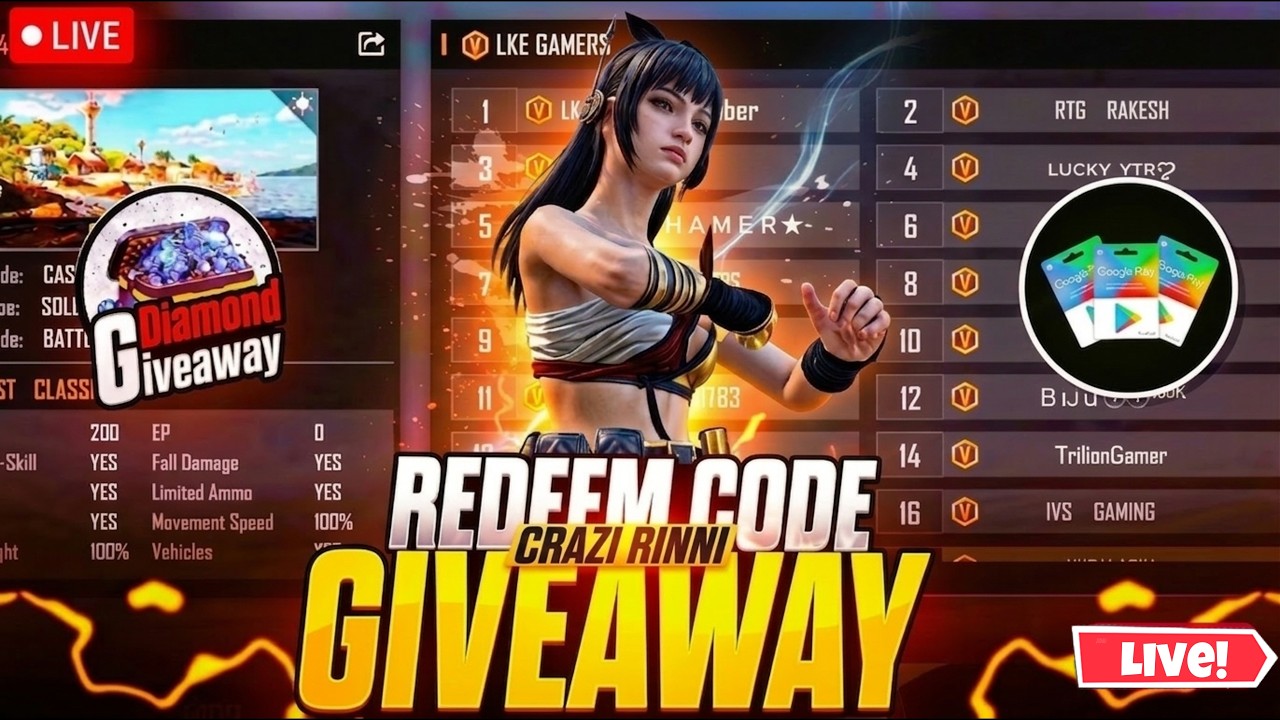 FREEFIRE LIVE REDEEM CODE GIVEAWAY||LIVE FF CUSTOM ROOM ||LIVE TEAMCODE GIVEAWAY|| DIAMOND GIVEAWAY