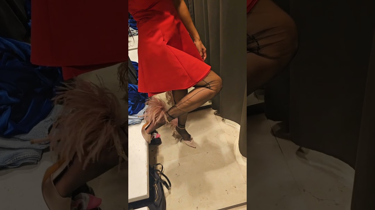 Try on red mini dress and feathers shoes 