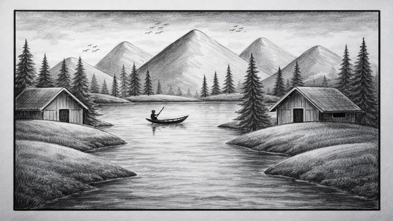 How to Draw Beautiful Mountain Lake || Easy Mountain Scenery Drawing Step by Step By Pencil Sketch
