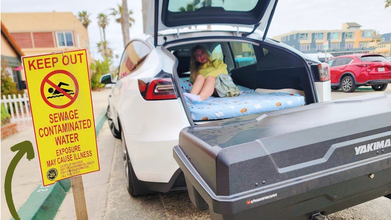 Encountering problems [sewage] at Imperial Beach! Car camp, fishing & road trip in the Tesla Model Y