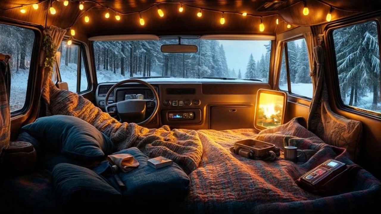 Cozy Winter Van Life Ambience ❄️🚐 Snowstorm Sounds & Soft Jazz for Focus