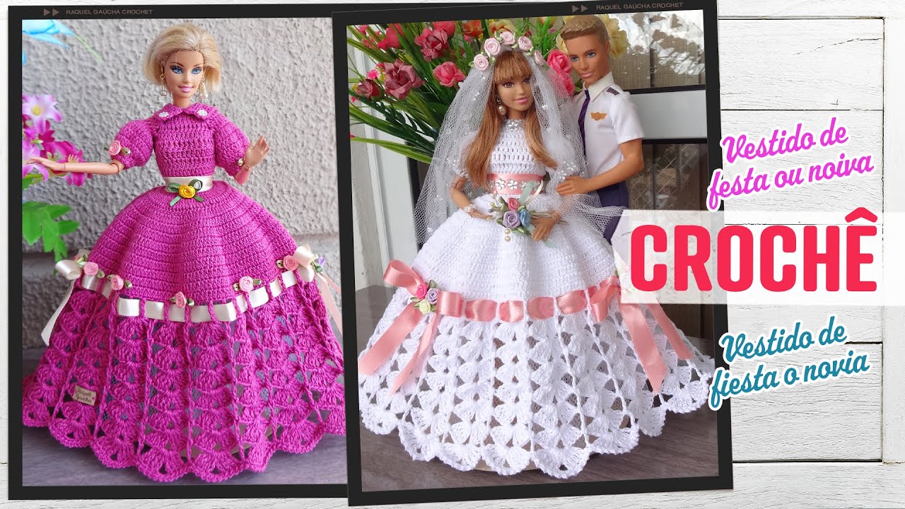 Vestido de Festa ou Noiva em crochê para bonecas