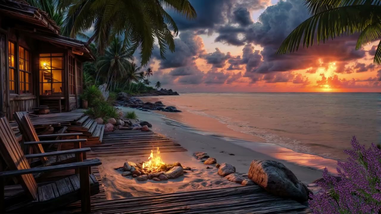 Peaceful Tropical Evening 🌊🌴 | Soft Waves & Campfire for Instant Relaxation (No Ads) Instant Sleep