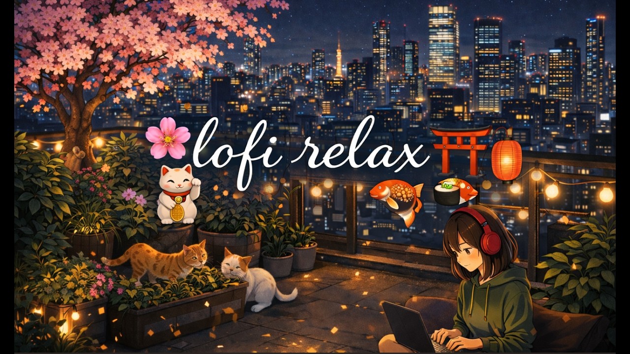 Lofi Relax 🌙 24/7 Study & Work Beats | Japanese Rooftop Night Ambience 🐱✨ Calm Chill Music