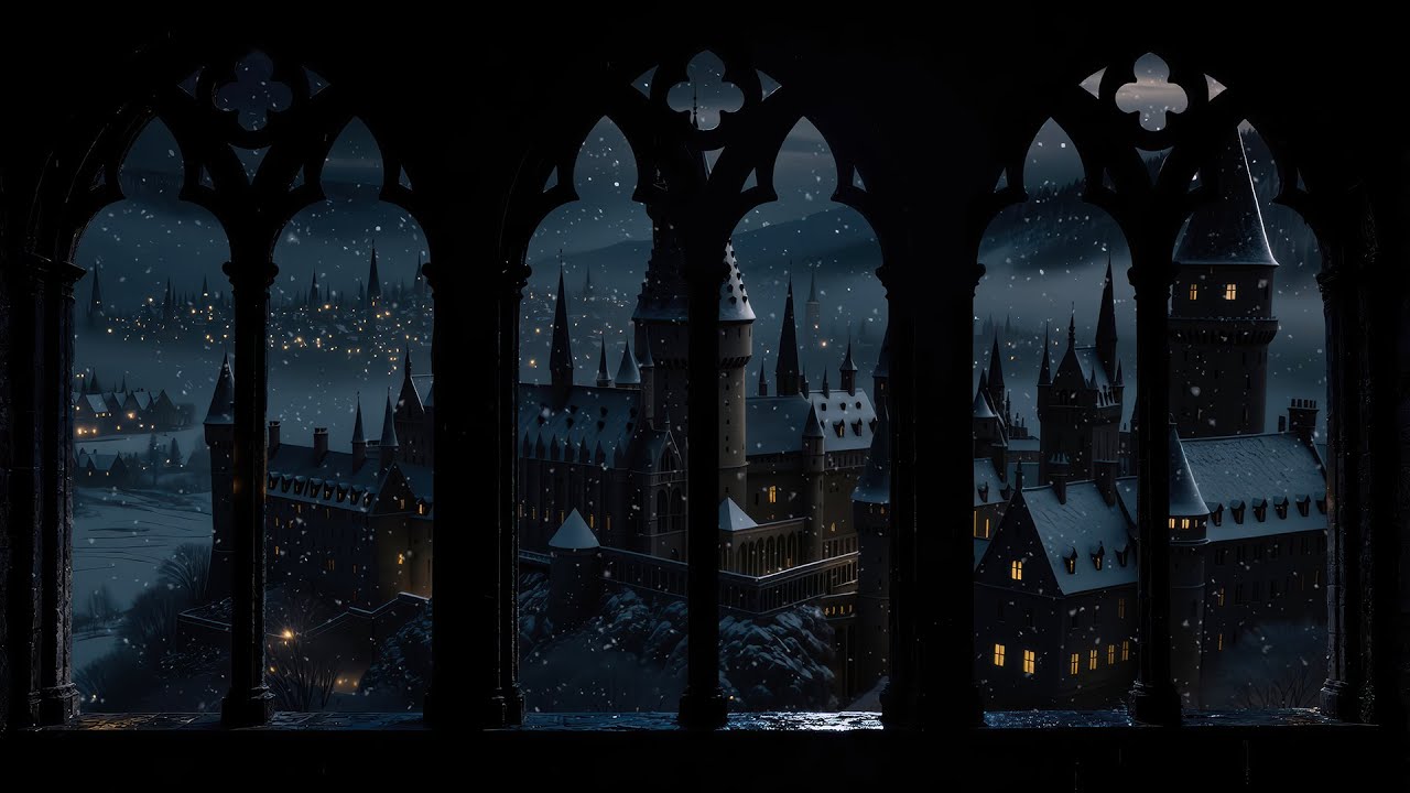 4K Harry Potter Snow Ambience – Hogwarts Winter Window View & Wind Sounds for Reading and Sleep