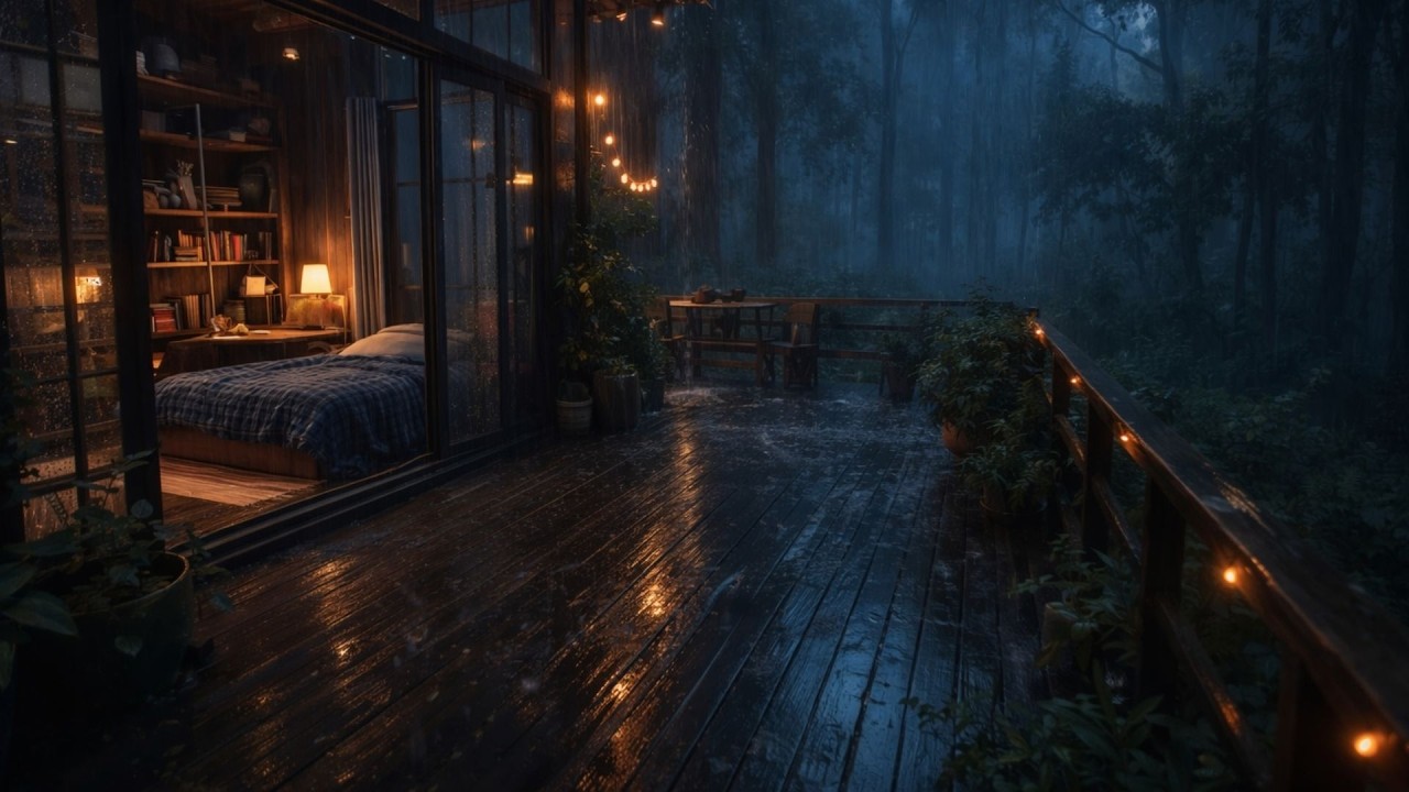 Peaceful Rain on Wooden Deck - Cozy Forest Cabin Ambience