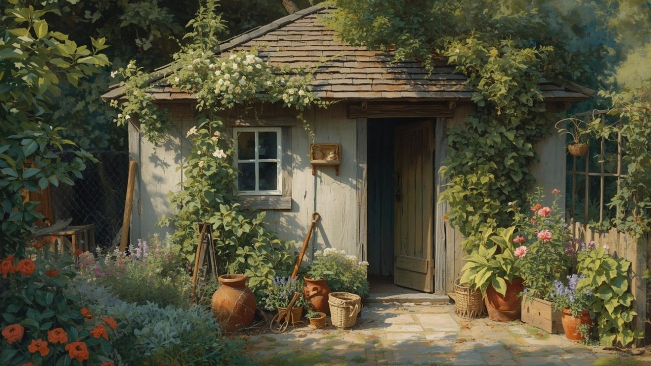 English Country Cottage Garden Shed Vintage Painting | Frame TV Art Display | 2-Hour Screensaver