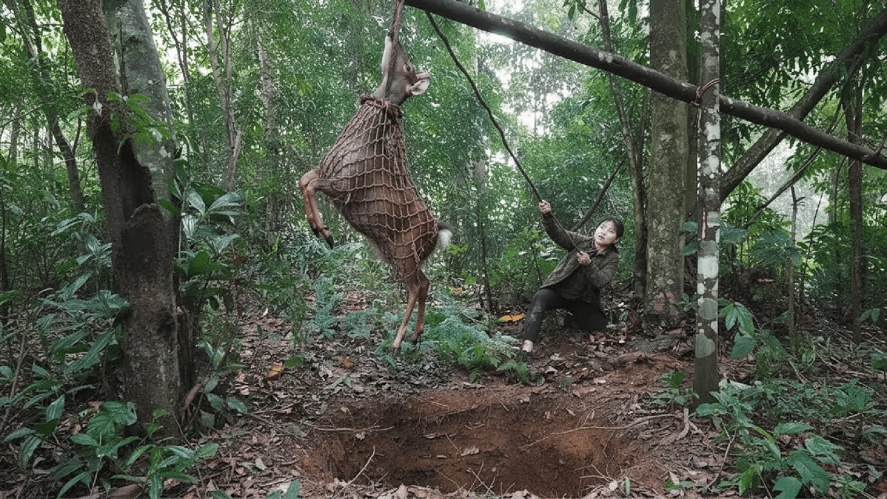 Discovering Wild Deer Tracks and Crafting a Primitive Trap Alone in the Deep Forest