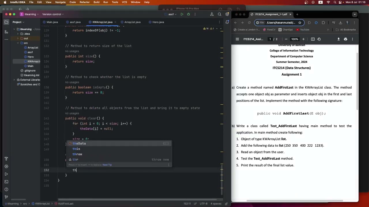 KWArrayList assignment - java
