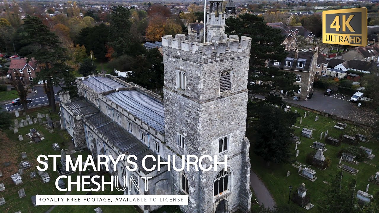 St Mary The Virgin Church, Churchgate, Cheshunt - Stunning 4K Royalty-Free Drone Footage
