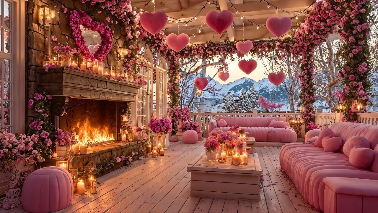 Dreamy Valentine’s Pink Snow Porch 💕❄️🔥 Soft Dream Jazz & Cozy Fireplace Ambience for Chill & Relax