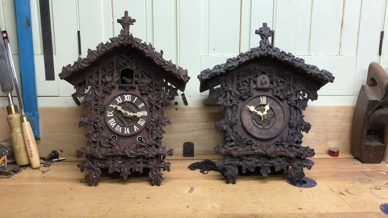 Carving an oak crown for a cuckoo clock.