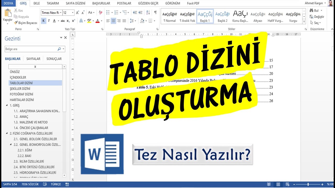 Tez Yazımı 39. Bölüm I Tablo Dizini Nasıl Oluşturulur