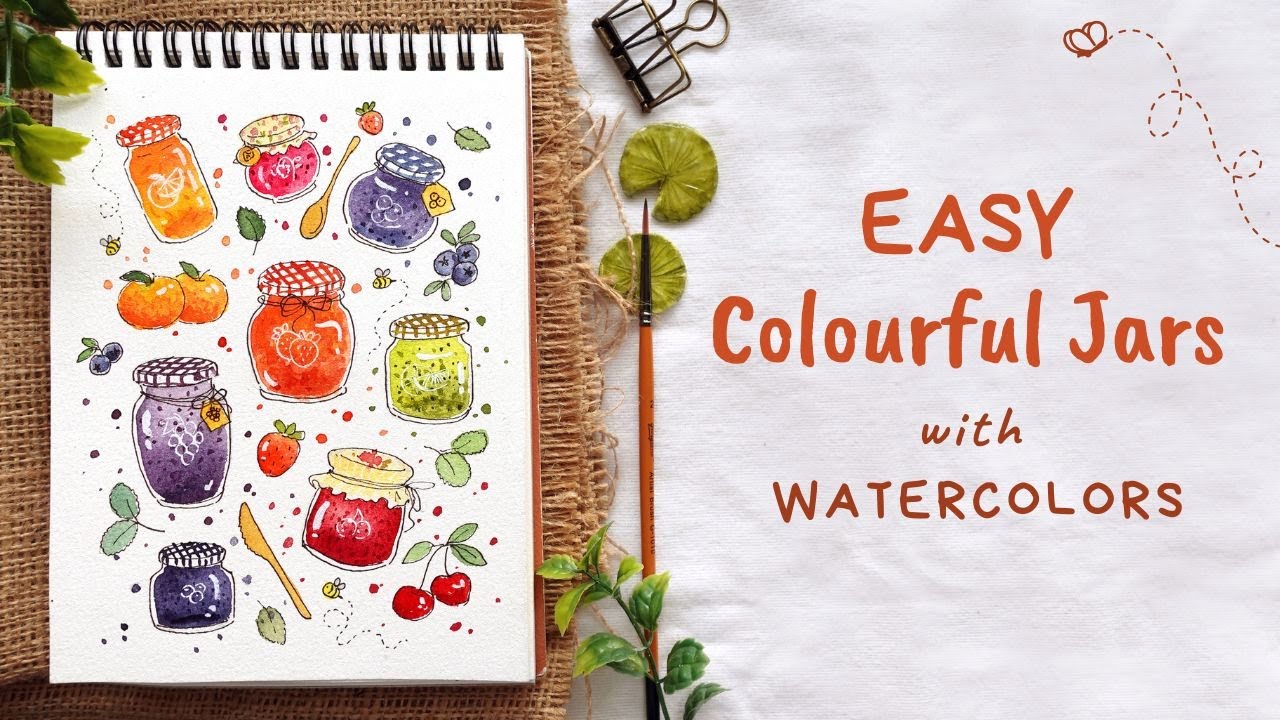 Fun beginner watercolor doodle: Colourful Jars of Jam