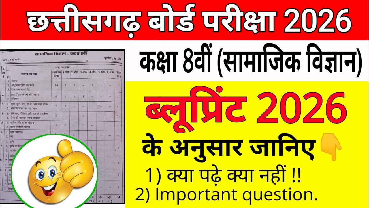 CG board 2026 कक्षा 8वीं सामाजिक विज्ञान blue print के अनुसार important questions || social science 