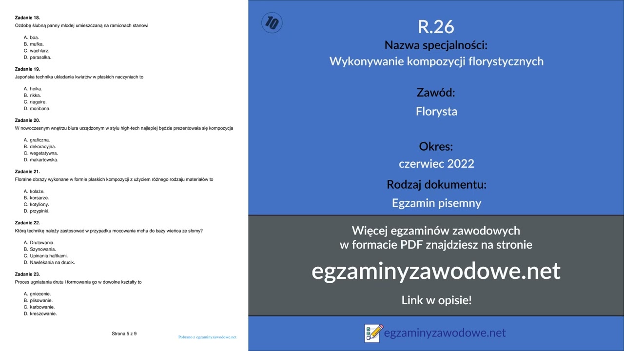 Egzamin zawodowy pisemny R.26, Wykonywanie kompozycji florystycznych, czerwiec 2022