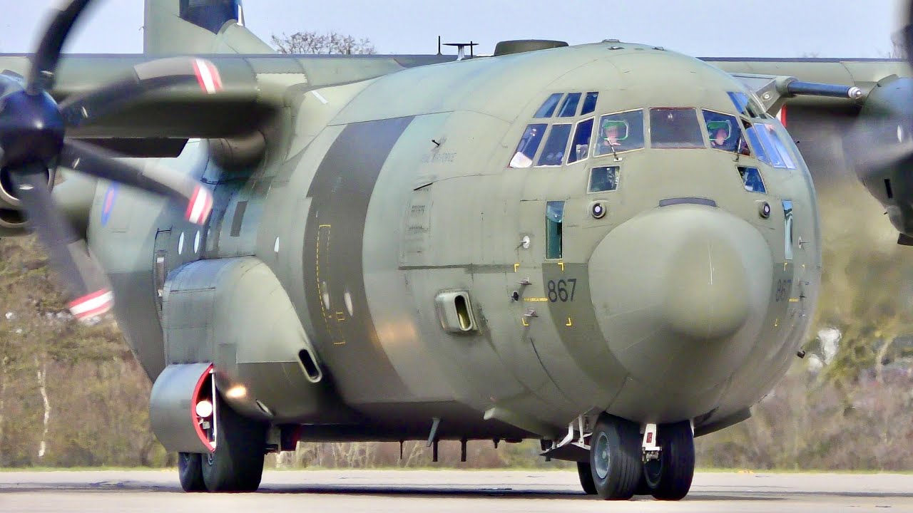 UP CLOSE C-130 Hercules RAF Landing & Take Off at Leeds Bradford Airport, April 2023