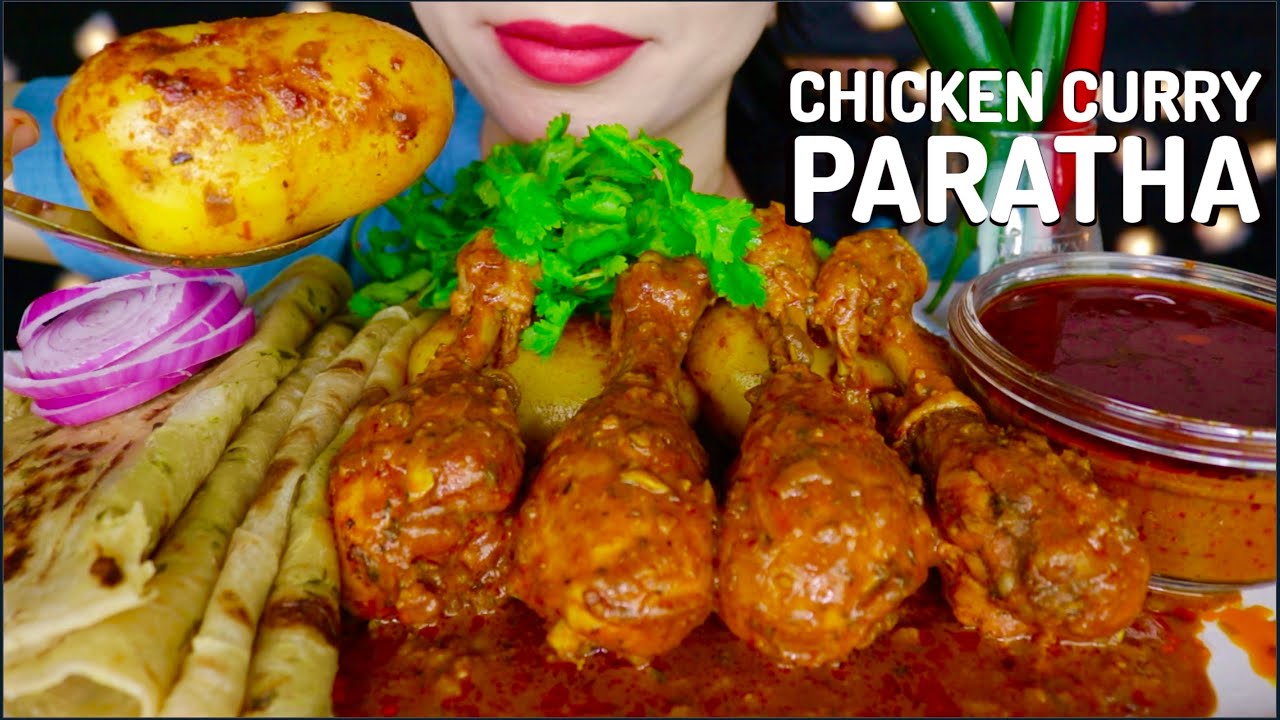 ASMR SPICY CHICKEN CURRY, PARATHA, CHILLI, POTATO , ONION, GINGER BEER  EATING MUKBANG 咀嚼音 | 먹방