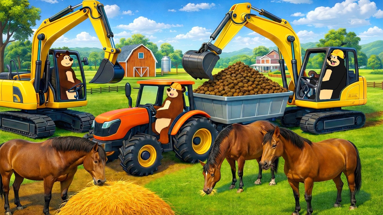 The Bear Farm: Cleaning the Horse Stable & Feeding Horses | Real Farm Animation