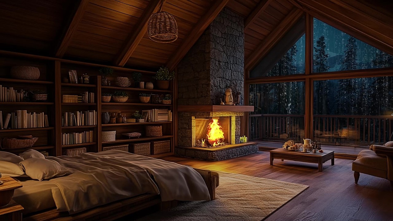 🌧️ Heavy Rain Outside a Cozy Forest Cabin Bedroom | Window Rain & Fireplace Glow | Deep Sleep