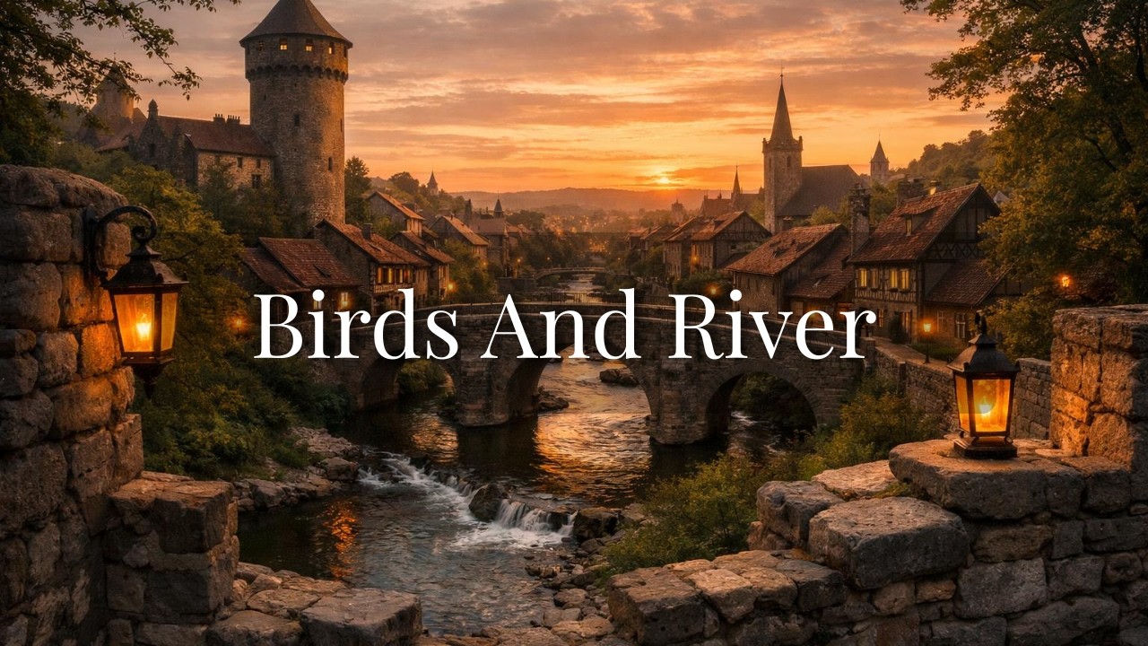 Peaceful Gentle River Stream Nature & Birds Sounds for Sleep, Study ,Relaxation & Coloring at Sunset