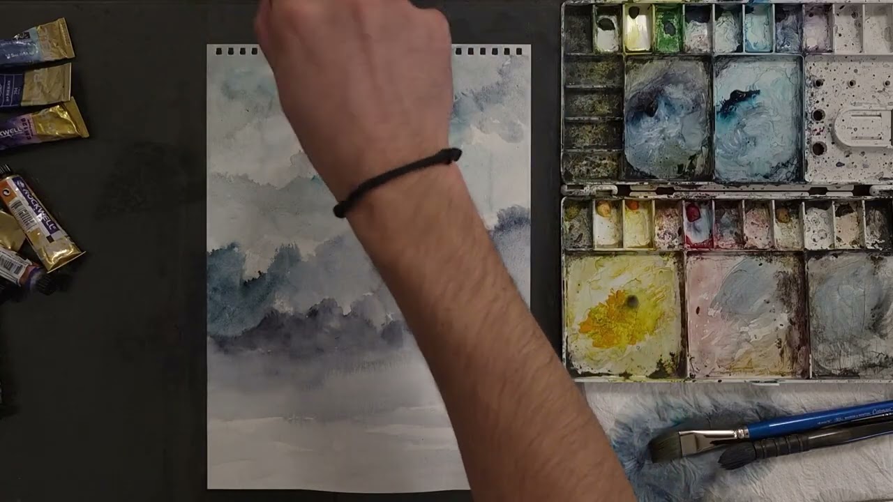 Quiet Marsh Beneath Gathering Clouds | Watercolor Abstract Landscape Painting #407