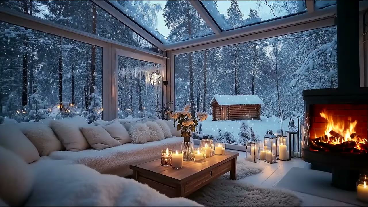 😴🎶 Tranquil Winter Lounge Piano | Fireplace Ambiance & Snowy Night for Deep Sleep, Focus & Study