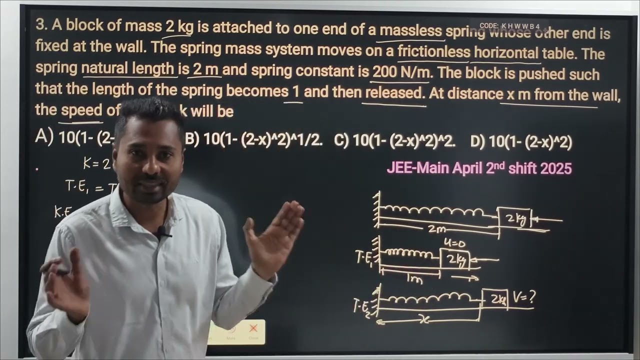 A block of mass 2 kg is attached to one end of a massless spring whose other end is fixed at the wa