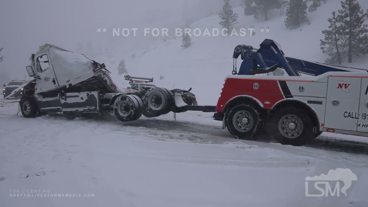 2-29-2024 Donner Pass, CA-Monster blizzard begins, semi crashes, major travel impacts