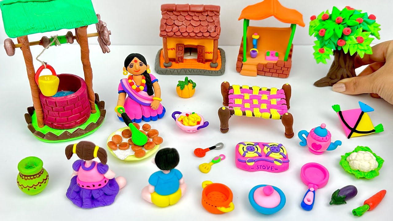 DIY How to make polymer clay miniature Village house, water well, kitchen set, tree, Doll Dress