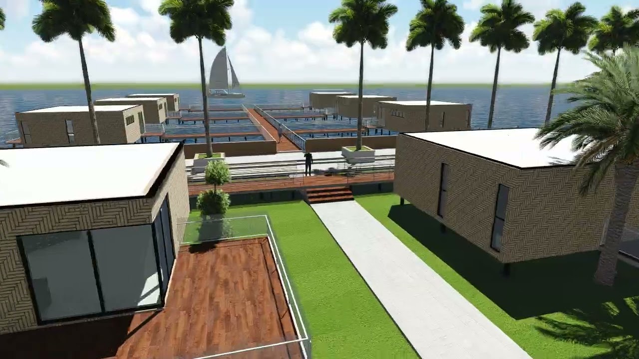 PROJET BENIN,A serene beachfront site with luxurious bungalows and a bustling marina, #marina #benin