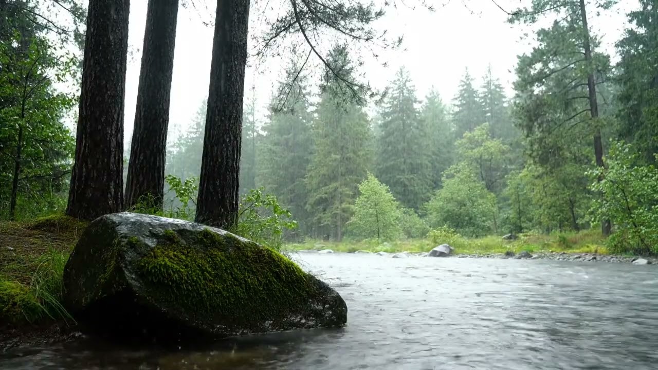 Heavy Rain in a Bright Pine Forest Beside a Mossy River Stone | 10 Hour ASMR Ambience for Deep Sleep