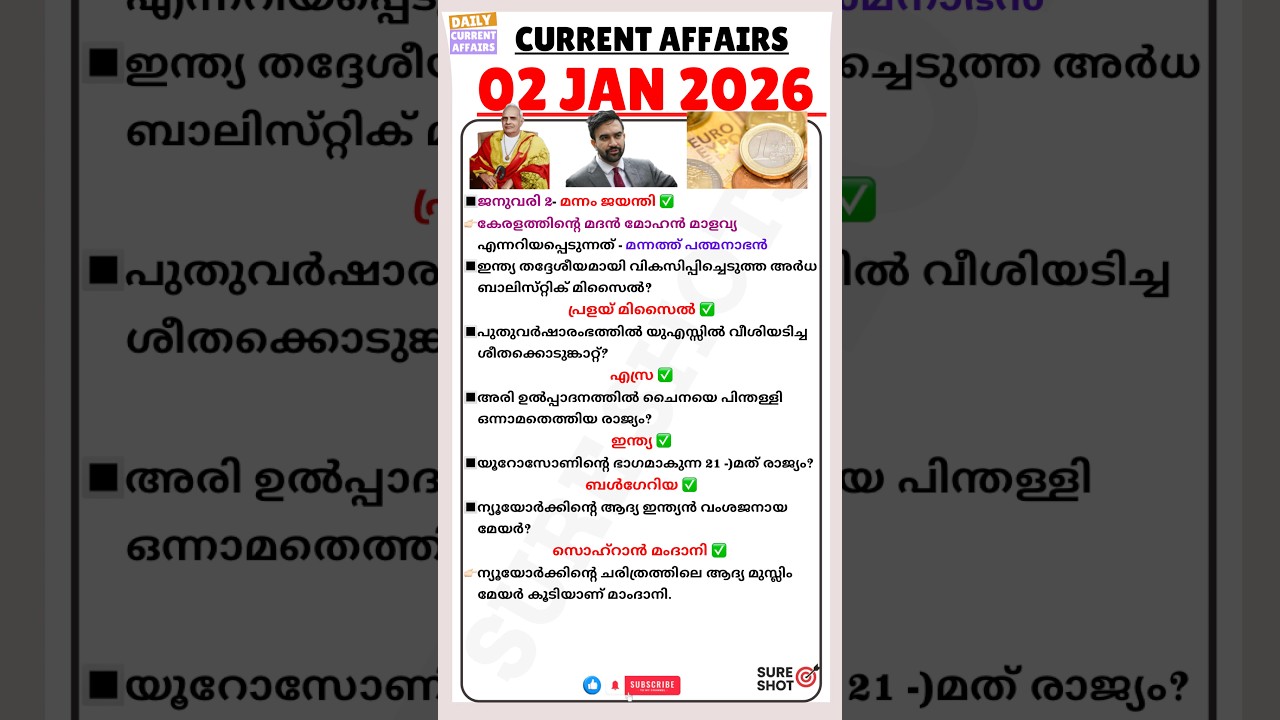 🔥Top Current Affairs🔥02 January 2026📖 Kerala PSC | Degree | LDC | LGS |Most Expected Questions🎯