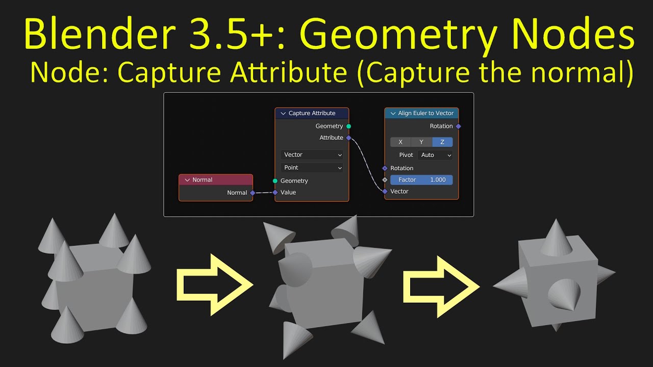 Blender 3.5+ Geometry Nodes: Using the Capture Attribute node to align instances to faces.