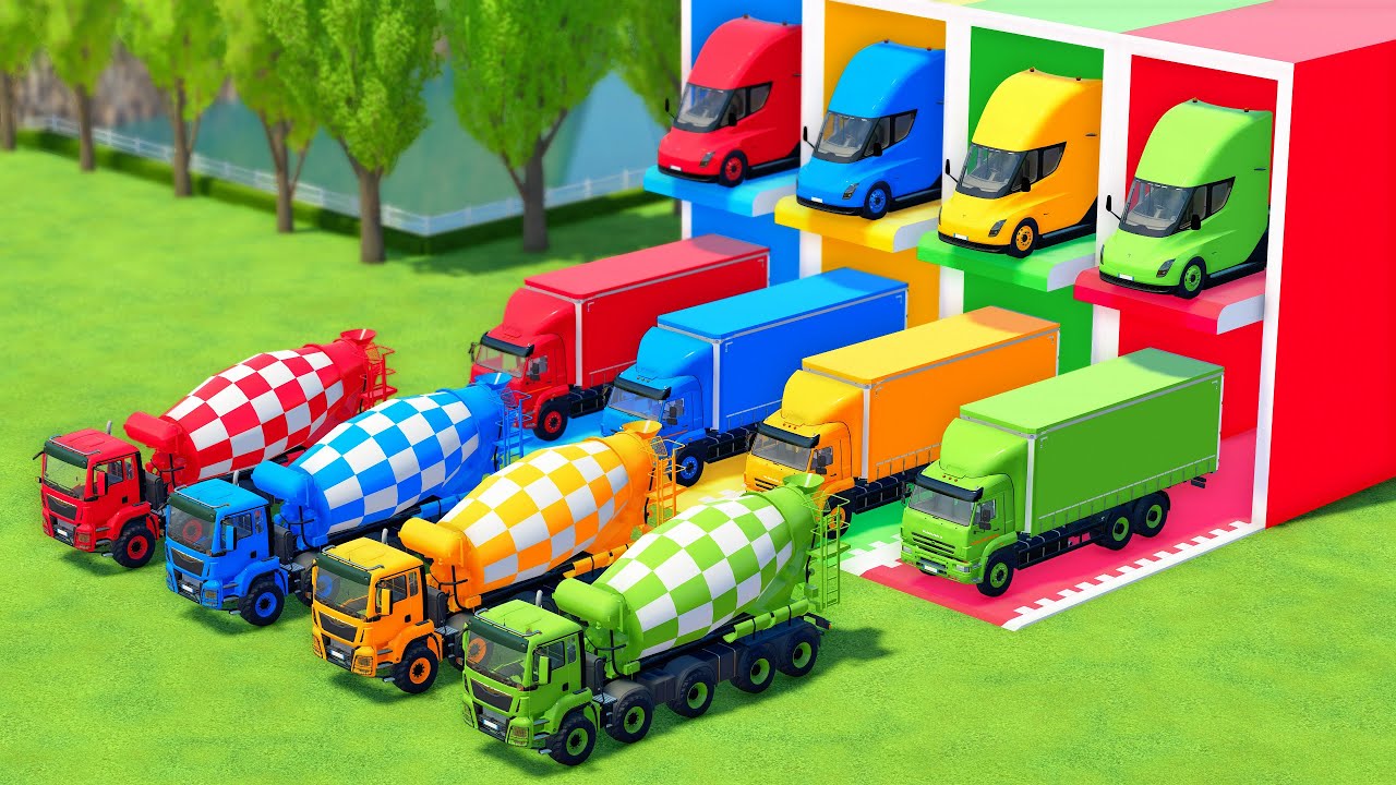 TRANSPORTING DOUBLE FLATBED TRAILER TRUCK, ALL COLOR MAN MIXER TRUCK, VOLVO SCANIA, MERCEDES - FS22