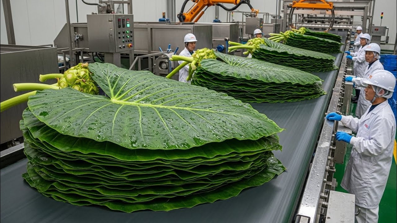 Inside a Factory Processing Taro Leaves at Massive Scale