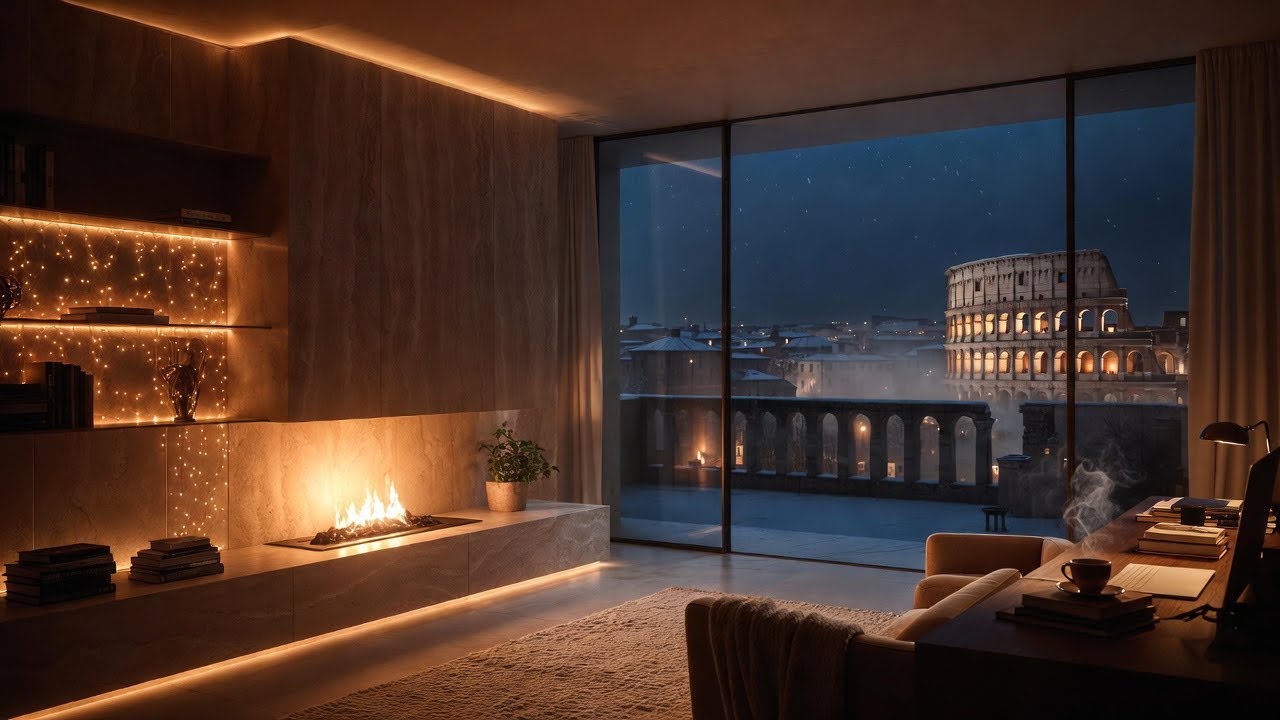 Relaxing Fireplace in Rome 🇮🇹 | Cozy Night Ambience, City View, Sleep & Relaxation