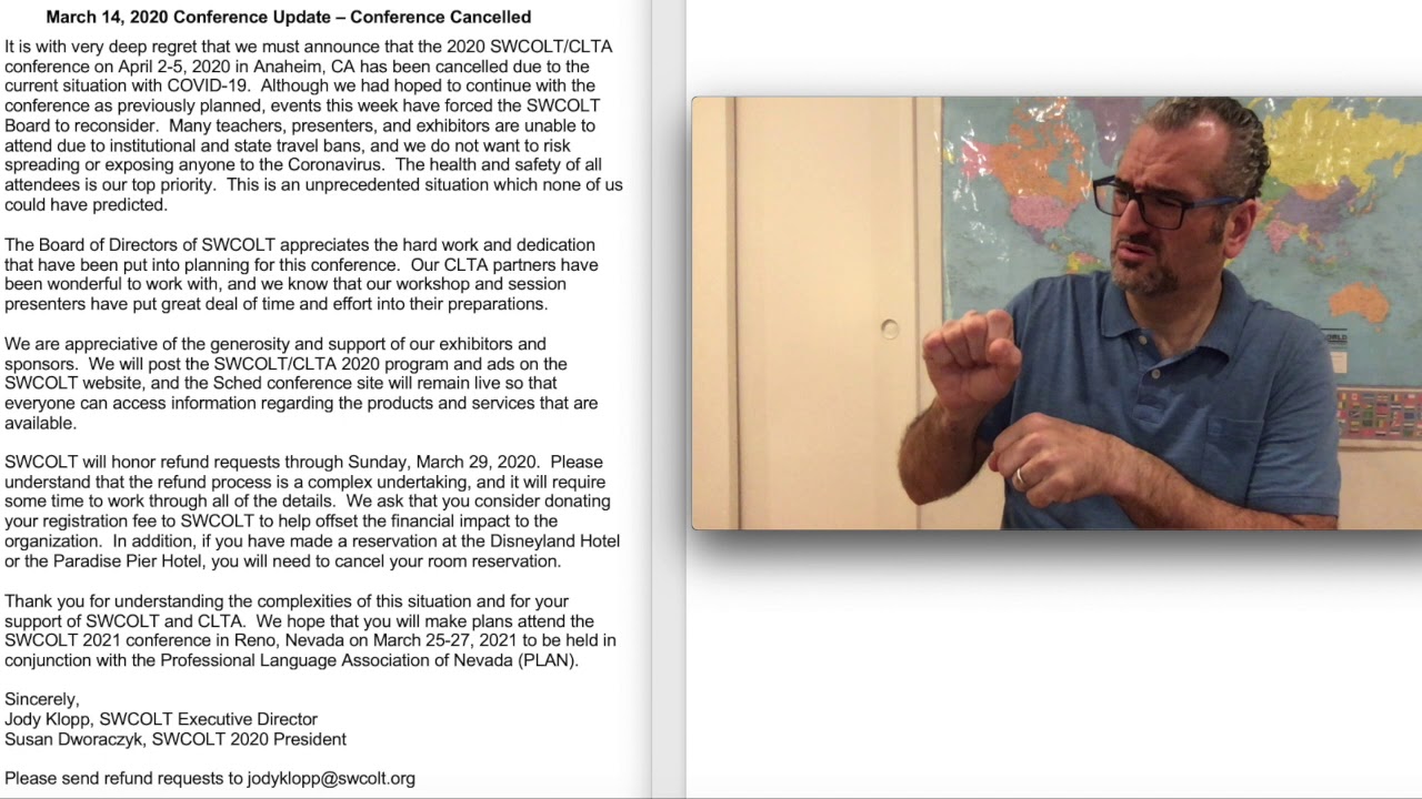 SWCOLT: March 14, 2020 Conference Update - Conference Cancelled (Gerardo's ASL Synopsis)
