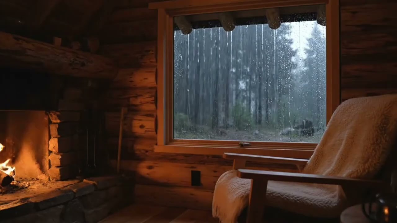 Cozy Rainy Forest Cabin Ambience with Fireplace Glow for Deep Sleep and Relaxation