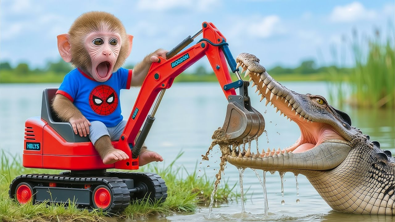 Monkey NiNi Drives Tractor Carrying Strawberrys Through Flood & Fixes The Tractor! 🐒🚜