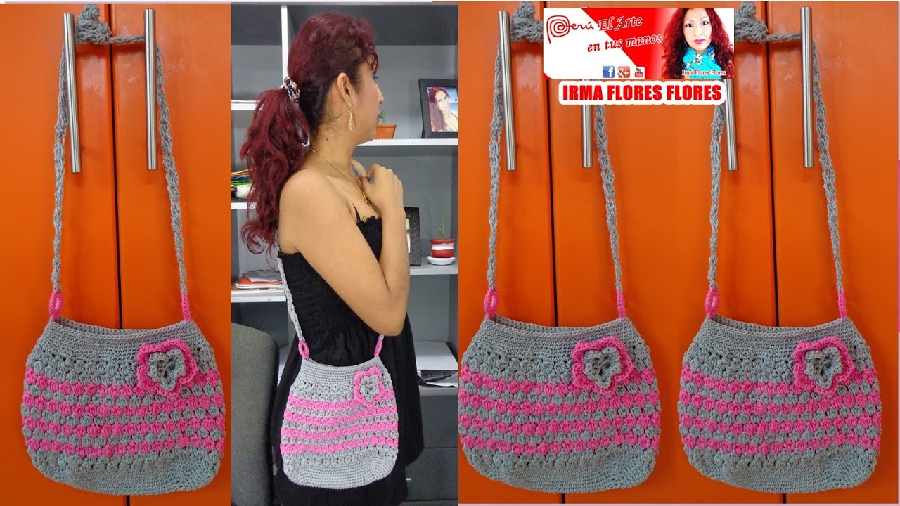 BOLSO EN DOS COLORES CON EL PUNTO PIÑA TEJIDA A CROCHET PASO A PASO