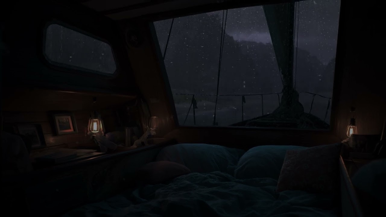 Small Sailboat at Night | Rain Showers & Ocean Waves for Deep Sleep on the Sea